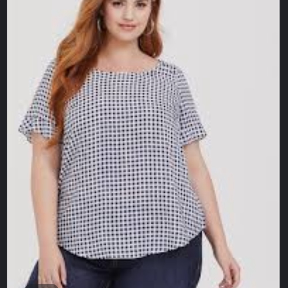 Torrid Plus Size 5X Blue White Gingham Ruffle Challis Short Sleeve Blouse